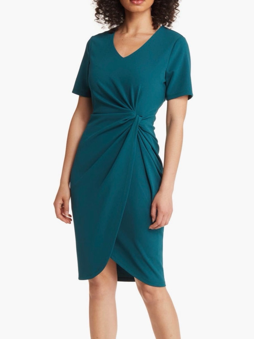 Tahari ASL Teal Knot-Front V-Neck Dress